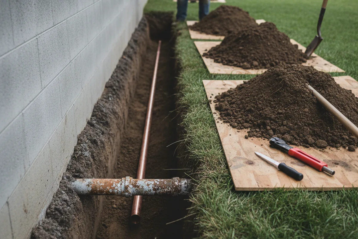 Excavated water line trench during Water Heater Repair in Harrisburg